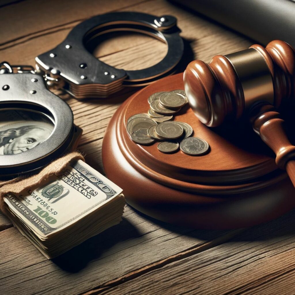 Handcuffs, gavel with coins, and cash on a table, symbolizing the bail bond process in San Diego.