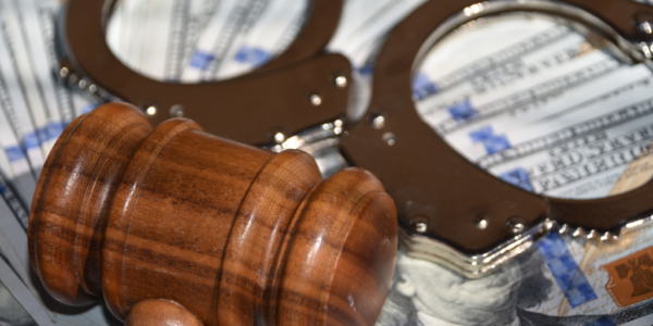 gavel and handcuffs on top of money